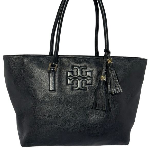 Tory Burch Thea Convertible Tote in Black Pebbled Leather with Tassel Detail VGC - Picture 1 of 12